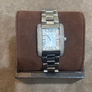 Michael Kors Silver Rectangular Watch with Crystal Details